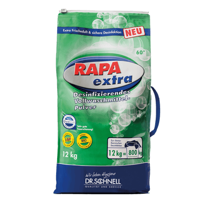 Pictured is a 12 kg bag Dr. Schnell RAPA EXTRA laundry disinfection manual dosing by DR.SCHNELL GmbH & Co. KGaA is depicted. The green packaging emphasizes the suitability for professional laundry disinfection through manual dosing.