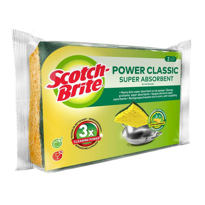 A pack of Scotch-Brite® Classic Cleaning Sponge from 3M Deutschland GmbH shows two yellow-green sponges with the inscription "3x cleaning power" on the packaging and the image of a metal pot to be cleaned.