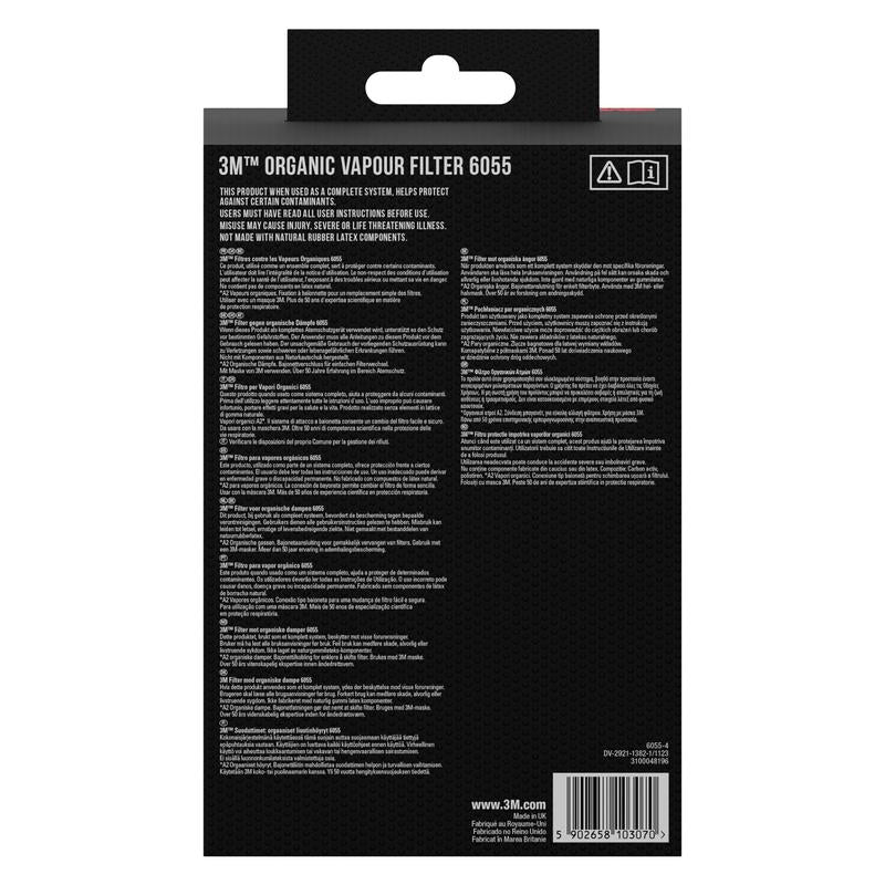 Back view of the packaging of the 3M™ Filter Cartridge 6055, A2 Organic Vapors from 3M Deutschland GmbH with multilingual instructions, product information, warnings, a barcode, and a website on a black package with white text.