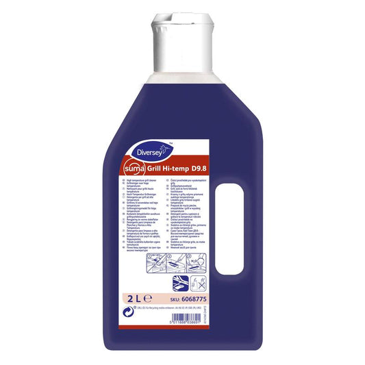 Eine 2-Liter-Flasche Suma Grillreiniger Hi-temp D9.8 von Diversey Deutschland GmbH & Co. OHG, mit Griff und weißer Kappe, ist mit einem orange-weißen Etikett versehen - ideal für Profiküchen, um hartnäckige Rückstände zu entfernen.