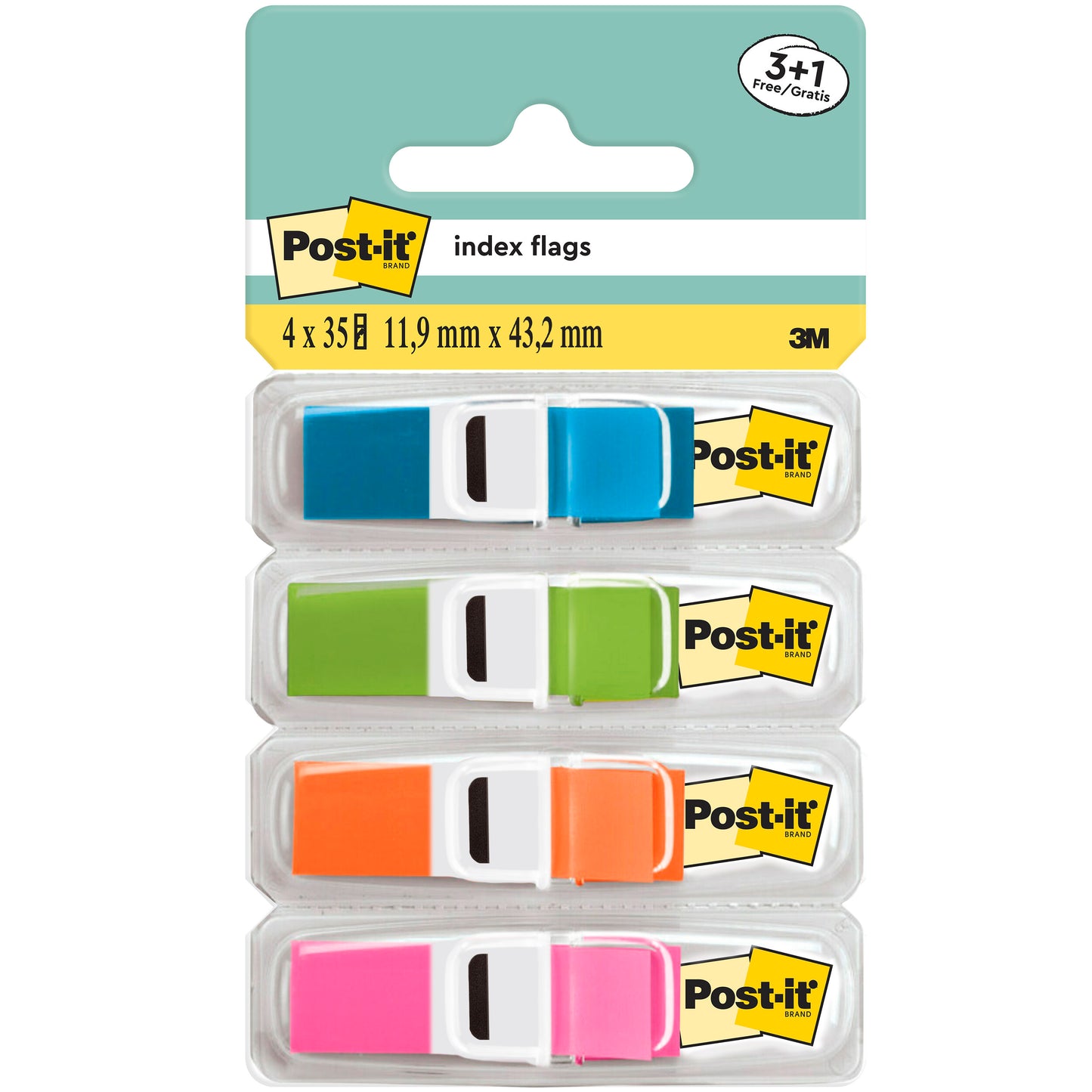 A pack of 3M Post-it® Index Tabs, Mini, in 4 transparent colors (blue, green, orange, pink), each in a clear dispenser with the Post-it® logo. The top label lists 35 flags/dispenser, size: 11.9 x 43.2 mm; 3+1 free per pack.
