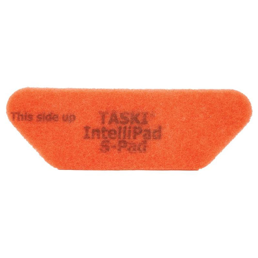 Ein leuchtend orangefarbenes, rechteckiges TASKI Intellipad S-Pad Reinigungs- und Polierpad von Diversey Deutschland GmbH & Co. OHG mit abgeschrägten Kanten und dem Text "This side up TASKI IntelliPad S-Pad", unbenutzt auf weißem Hintergrund fotografiert. Packung (1 Stück).