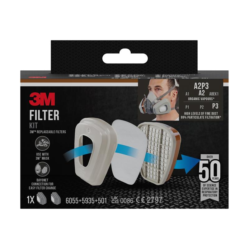 A box of 3M™ Filter Set 6003-1, A2P3 organic vapors (2x6055, 2x5935, 2x501) by 3M Deutschland GmbH with replaceable respiratory filters with A2P3 protection and packaging illustrating the assembly and use of the filters.