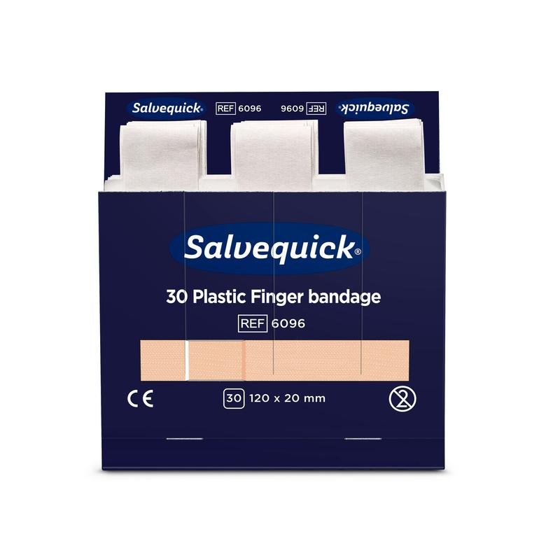 A box of Orkla Wound Care AB plastic finger bandages, 120 x 20 mm, 30 pcs/M., pack (6 pieces) with open lid reveals individually wrapped bandages.