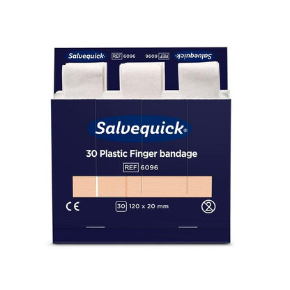 A box of Orkla Wound Care AB plastic finger bandages, 120 x 20 mm, 30 pcs/M., pack (6 pieces) with open lid reveals individually wrapped bandages.