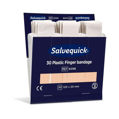 An opened blue-white box from Orkla Wound Care AB with the inscription "Plastic finger bandage, 120 x 20 mm, 30 pcs/Mine | Pack (6 pieces)" contains individually wrapped bandages with size specifications: 120 x 20 mm.