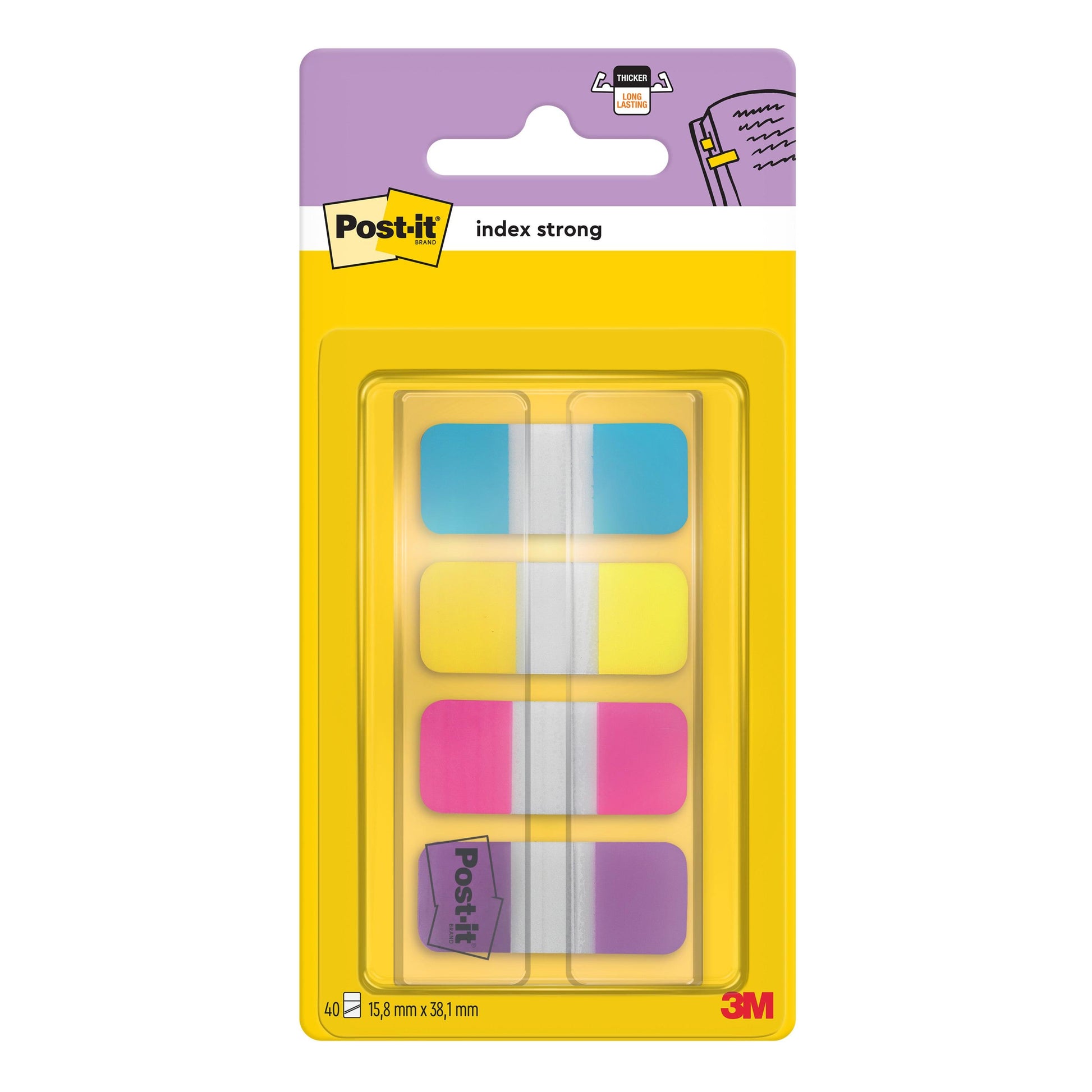 Eine Packung 3M Deutschland GmbH Post-it® Index Strong Ablagetabs, Mini (15,8 mm x 38,1 mm), in den Farben blau, violett, rosa und gelb; 40 Klebestreifen pro Spender, ein transparenter Spender pro Packung.