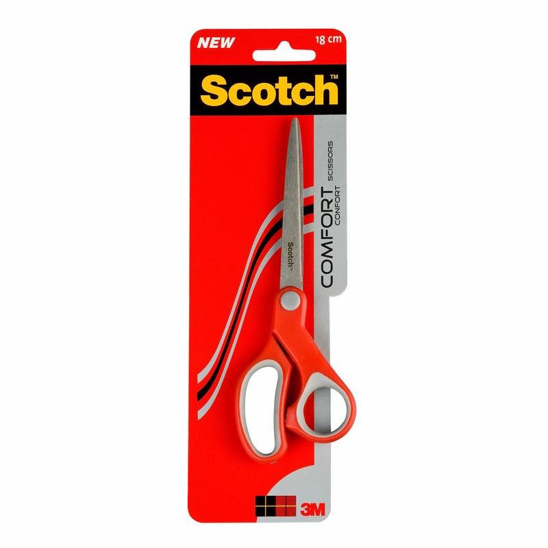 A Scotch™ Comfort Scissors by 3M Deutschland GmbH in red, 18 cm, with plastic and cardboard packaging is depicted vertically on a red-black background.