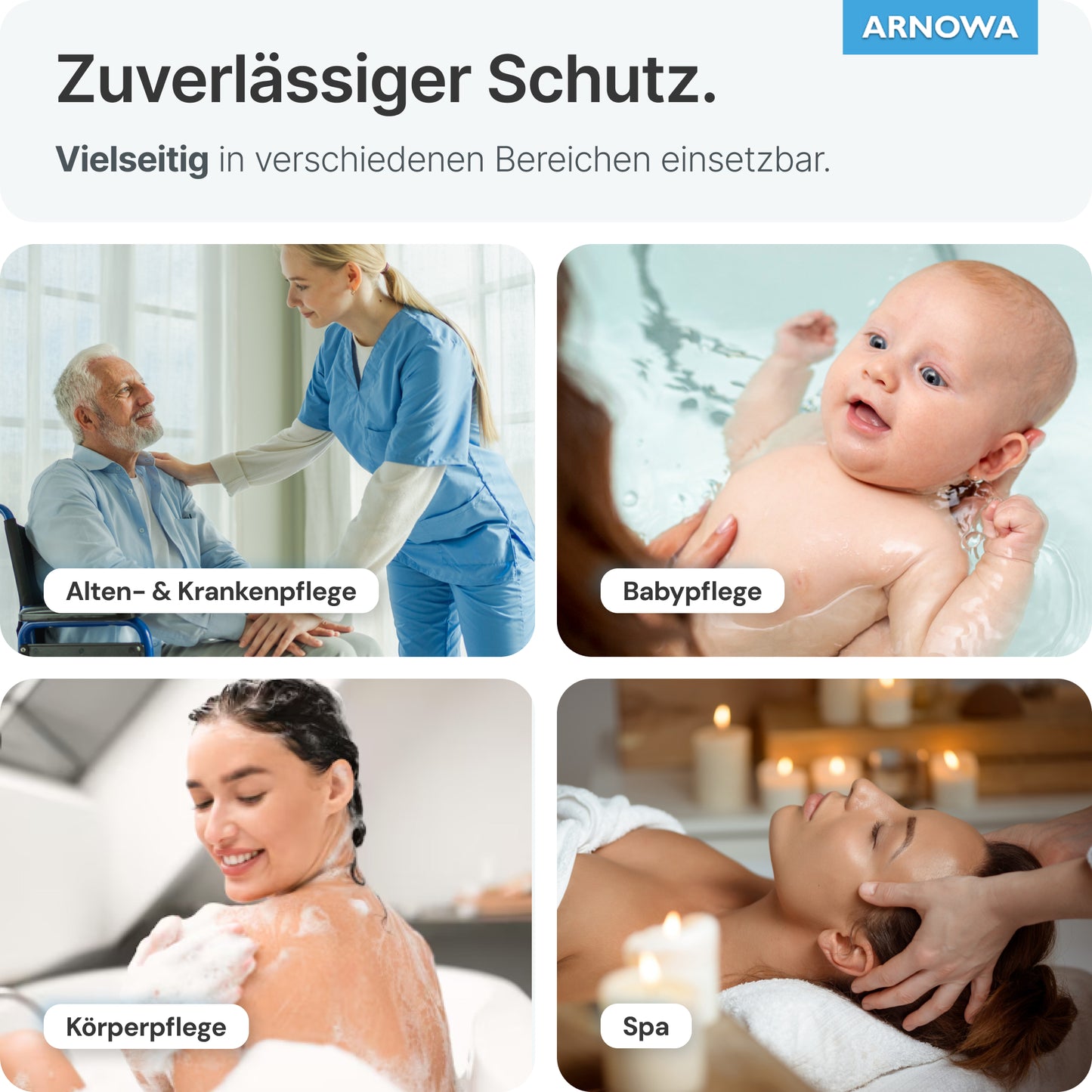 Eine Collage zeigt eine Krankenschwester mit ARNOMED Einmalwaschhandschuhen aus Molton von ARNOWA GmbH mit einem älteren Mann, einem badenden Baby und Frauen bei der Hautpflege. Dermatest-zertifizierte Handschuhe bieten vielseitigen, zuverlässigen Schutz (50 Stück/Beutel).