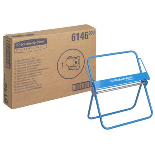 Abgebildet ist ein blauer Metall-Wandhalter für Großrollen von Diversey Deutschland vor einer braunen Schachtel mit der Aufschrift "6146" und Produktangaben; Lieferzeit ca. 4 Wochen, Packung enthält 1 Stück.