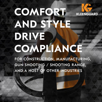 Eine Person mit Schutzweste und Schutzhelm steht neben einer Industrieausrüstung. Der eingeblendete Text wirbt für die KleenGuard® V30 Nemesis™ Schutzbrille mit Beschlagfrei-Beschichtung der Kimberly-Clark GmbH, die in einer Schachtel mit 12 transparenten Gläsern verkauft wird und für Komfort und Compliance sorgt.