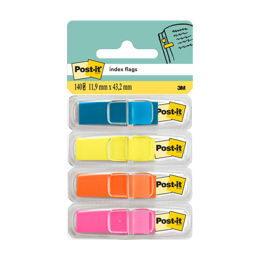 Eine Packung Post-it® Index Haftstreifen, Mini (11,9 mm x 43,2 mm), von 3M Deutschland GmbH, enthält vier farbige Streifen (blau, gelb, orange, pink) in Spendern mit Etiketten, die das Logo und Produktdetails in Englisch und metrisch zeigen.