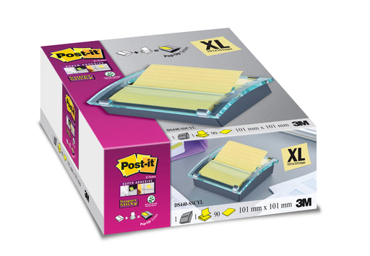 Der Post-it® Z-Notes Dispenser XL (Schwarz) von 3M Deutschland GmbH enthält 90 linierte, gelbe Super-Haftnotizen (101 x 101 mm) in einer Packung, mit Produktbildern und Branding auf der Schachtel.
