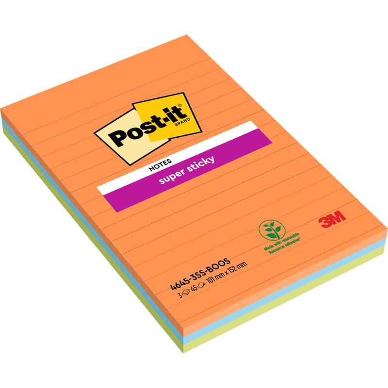 A pack of Post-it® Super Sticky Notes in large format, Boost Collection, lined (101 x 152 mm), 3 pads of 45 sheets each, 100% PEFC-certified (SGSCH-PEFC-COC-110078) by 3M Deutschland GmbH.