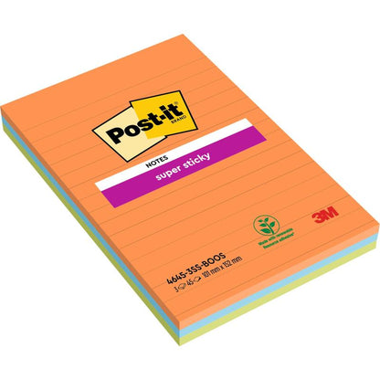 A pack of Post-it® Super Sticky Notes in large format, Boost Collection, lined (101 x 152 mm), 3 pads of 45 sheets each, 100% PEFC-certified (SGSCH-PEFC-COC-110078) by 3M Deutschland GmbH.