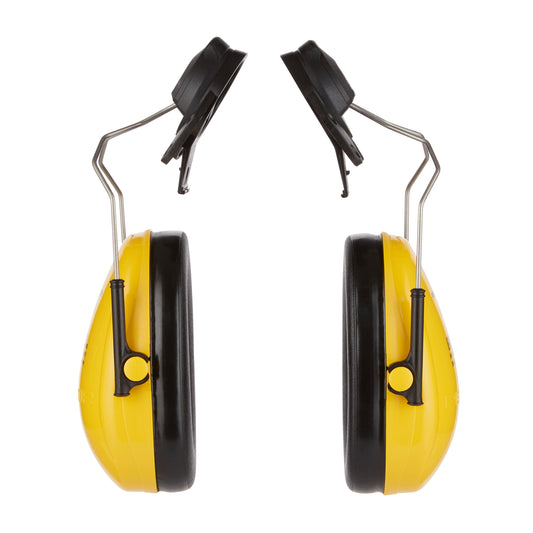 Ein 3M™ PELTOR™ Optime™ I Kapselgehörschutz für Schutzhelm H510P3E (SNR 26 dB, Gelb) von 3M Deutschland GmbH ist als Über-Ohr-Modell mit Metallbügeln dargestellt, die sich auf weißem Hintergrund gegenüberstehen. Packung: 1 Stück.