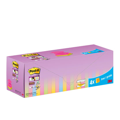 Eine rechteckige Schachtel Post-it® Super Sticky Z-Notes (76 x 76 mm) in verschiedenen Farben, 20 Blöcke + 4 gratis (Promotion), 90 Blatt/Block, von 3M Deutschland GmbH. Mit lila, gelben und blauen Etiketten in Pastellfarben und PEFC-Kartonverpackung.