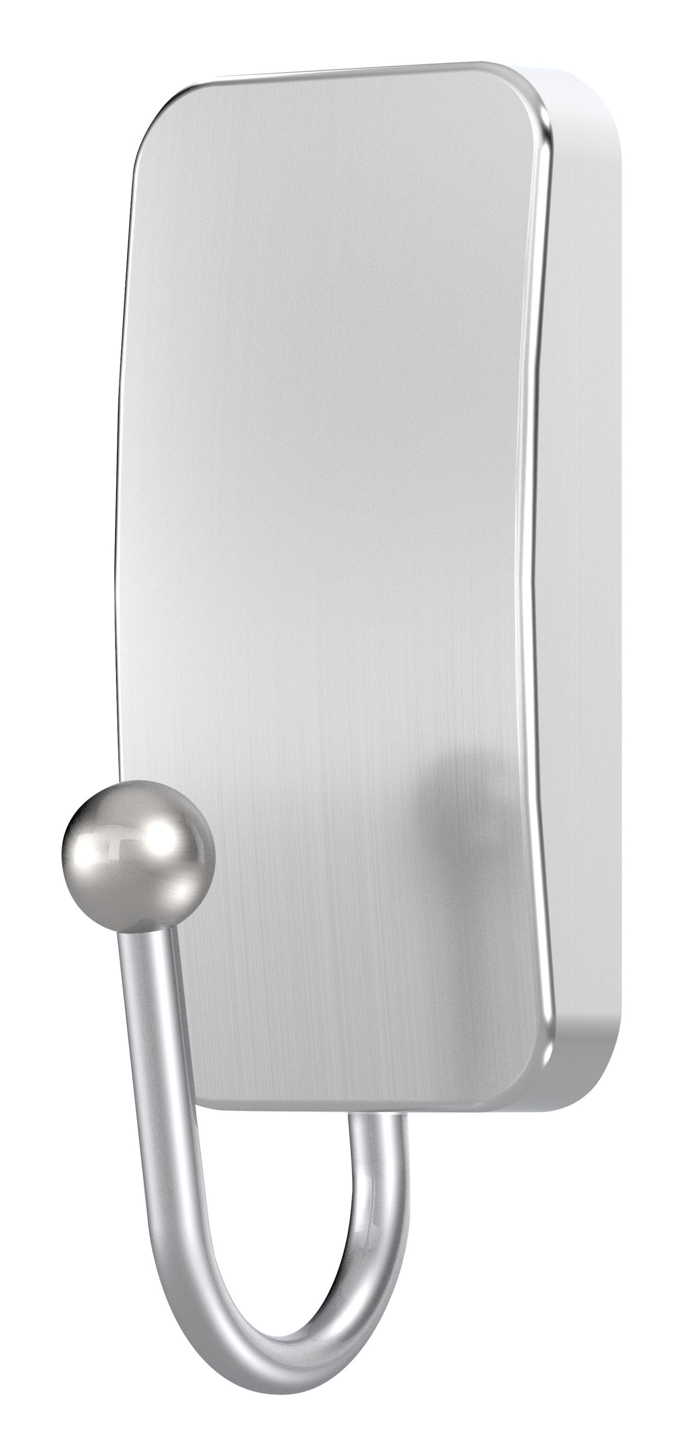 Der Command™ Metall-Haken Bad, schmal, Satin Nickel von 3M Deutschland GmbH ist ein schlanker Haken mit rechteckiger Rückplatte und kugelförmigem Ende, ideal zum Aufhängen von Mänteln oder Taschen.