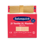 A red-white box labeled "Orkla Wound Care AB Xl textile plaster, 21 pieces/mine | Package (6 pieces)" with two beige textile plasters in sizes 80 x 30 mm and 80 x 60 mm, along with product and certification details.