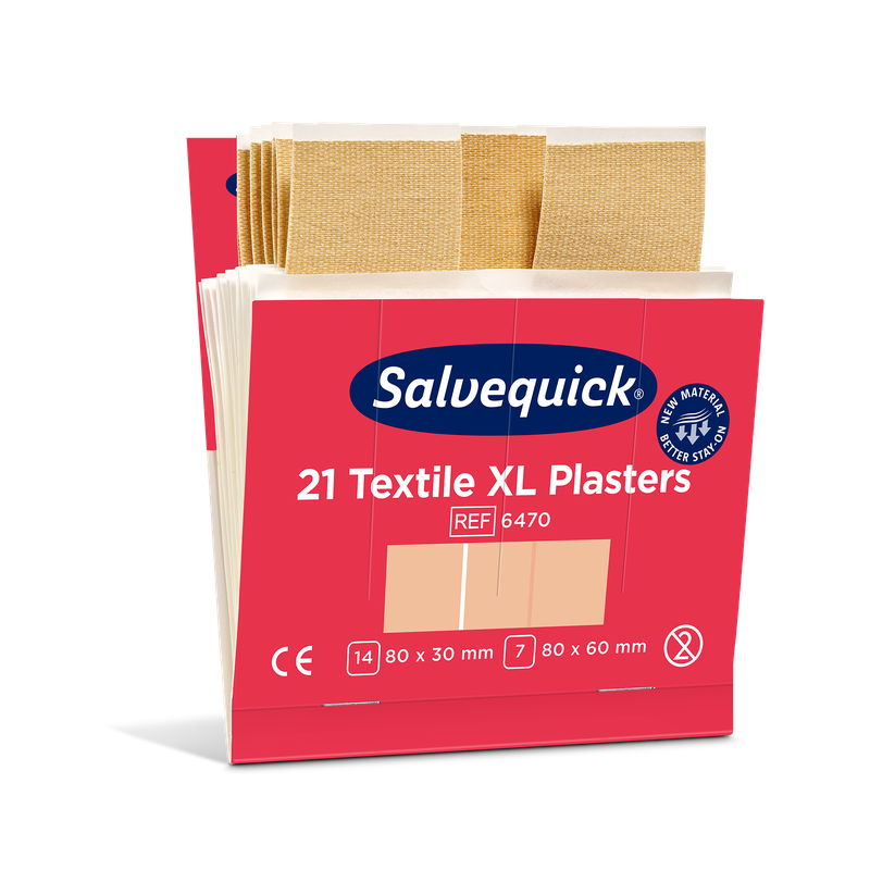 Eine Schachtel Orkla Wound Care AB XL textilgips, 21 Stück/Mini (Packung mit 6 Stück), mit beigen Textilpflastern im Inneren. Die Verpackung zeigt Produktname, Größen, CE-Zeichen, Wasserbeständigkeit, und ist ideal für kleine Verletzungen.