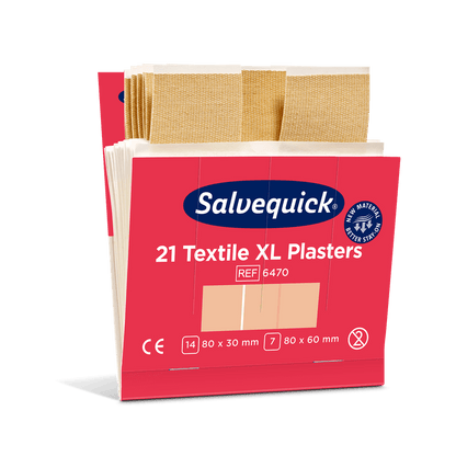 A box of Orkla Wound Care AB XL textile plaster, 21 pieces/Mini (package of 6 pieces), with beige textile plasters inside. The packaging shows product name, sizes, CE mark, water resistance, and is ideal for small injuries.