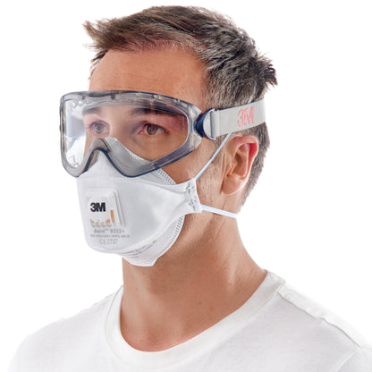 Ein Mann in einem schlichten weißen Hemd trägt eine durchsichtige Schutzbrille und eine 3M™ Arbeitsschutz-Starter-Box für Profis 1000MCWE Gesichtsmaske von 3M Deutschland GmbH, dargestellt vor einem weißen Hintergrund.