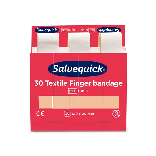 Auf einer roten Schachtel von Orkla Wound Care AB mit der Aufschrift "Textil fingerbinde, 120 x 20 mm, 30 st/nachfüllung" (Packung mit 6 Stück) sind drei beige Binden teilweise oben sichtbar.
