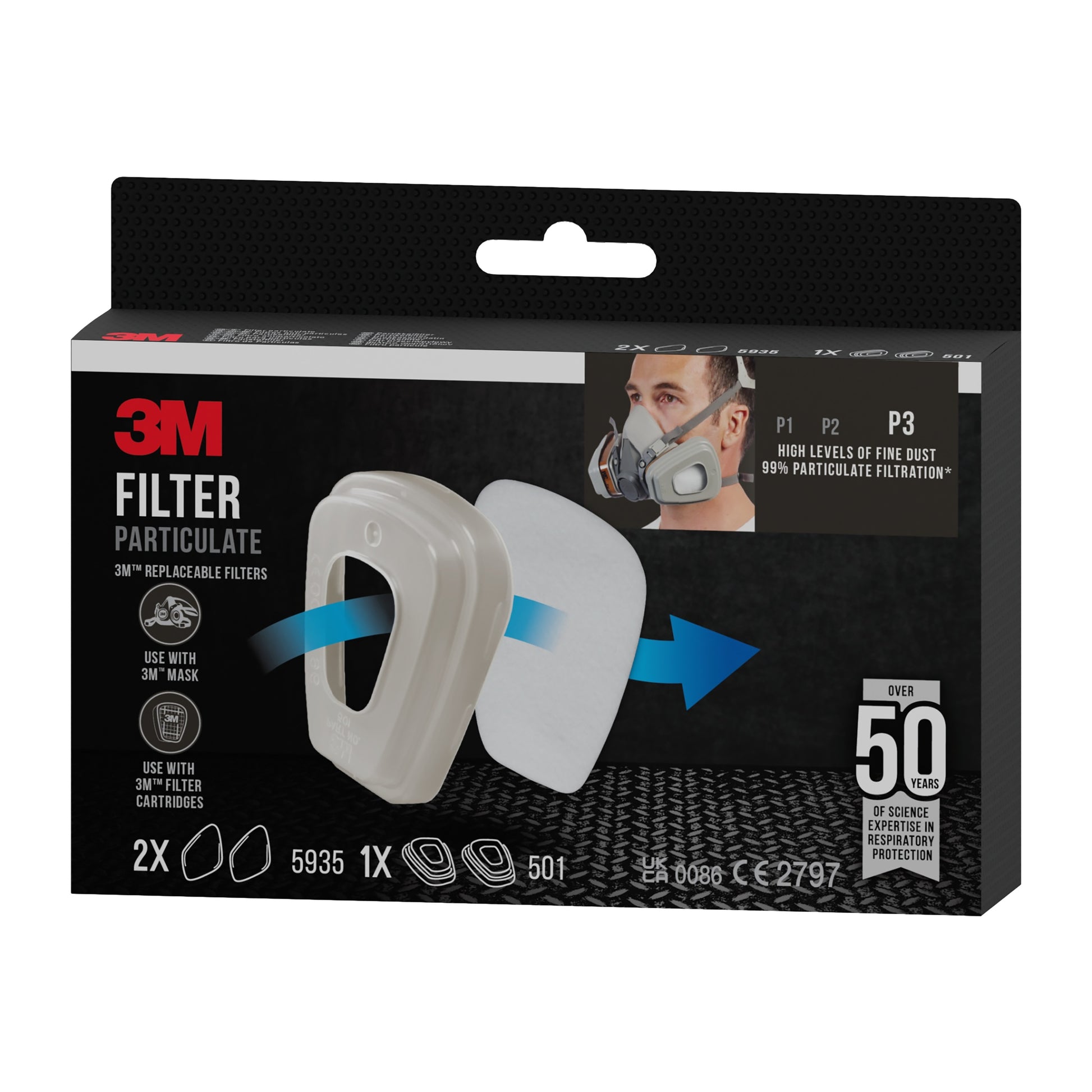 Eine Packung 3M™ Partikelfilter 5935, P3 (2 Paar) mit Filterhalterung 501 (1 Paar), von 3M Deutschland GmbH, zeigt zwei weiße Filter und hebt Kompatibilität, Filtrationseffizienz und wichtige Produktdetails hervor.