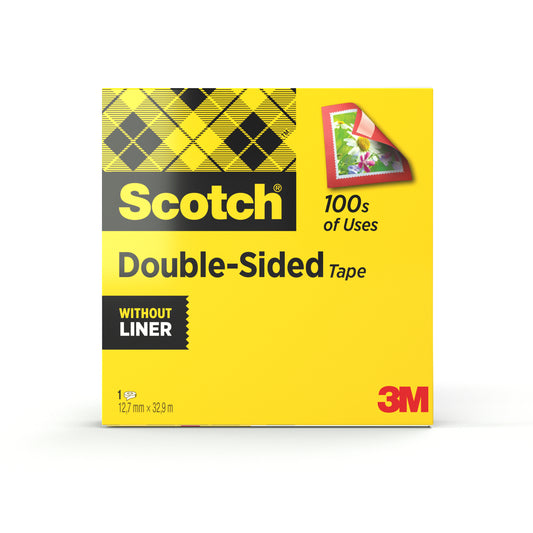 Eine gelbe Schachtel Scotch® doppelseitiges Klebeband (1 Rolle, 12 mm x 33 m) der 3M Deutschland GmbH mit der Aufschrift "Without Liner" trägt rechts unten das 3M-Logo und rechts oben eine Fotoabbildung.
