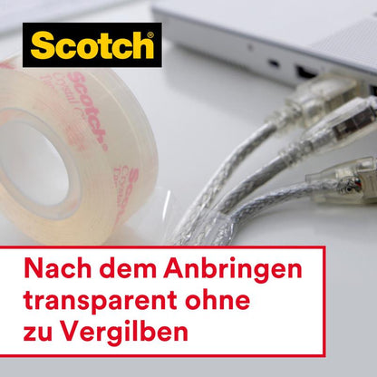 A pack of Scotch® Crystal Tape 6-1925R3 (3 rolls, 19 mm x 25 m) from 3M Deutschland GmbH is next to plugged-in cables by the laptop. German: "Transparent after application without yellowing."