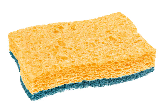 Der Scotch-Brite® Delicate nicht kratzender Naturfaser-Reinigungsschwamm von 3M Deutschland GmbH ist ein rechteckiger gelber Schwamm mit blauer Scheuerseite, abgebildet vor weißem Hintergrund. Packung mit 2 Stück (1 Stück pro Packung).