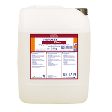 Ein weißer 25 kg Kunststoffbehälter der DR.SCHNELL GmbH & Co. KGaA PEROTEX PLUS Geschirrreiniger für gewerbliche Spülmaschinen ist mit einem rot-weißen deutschen Etikett mit Details und einem schwarzen Schraubverschluss versehen.