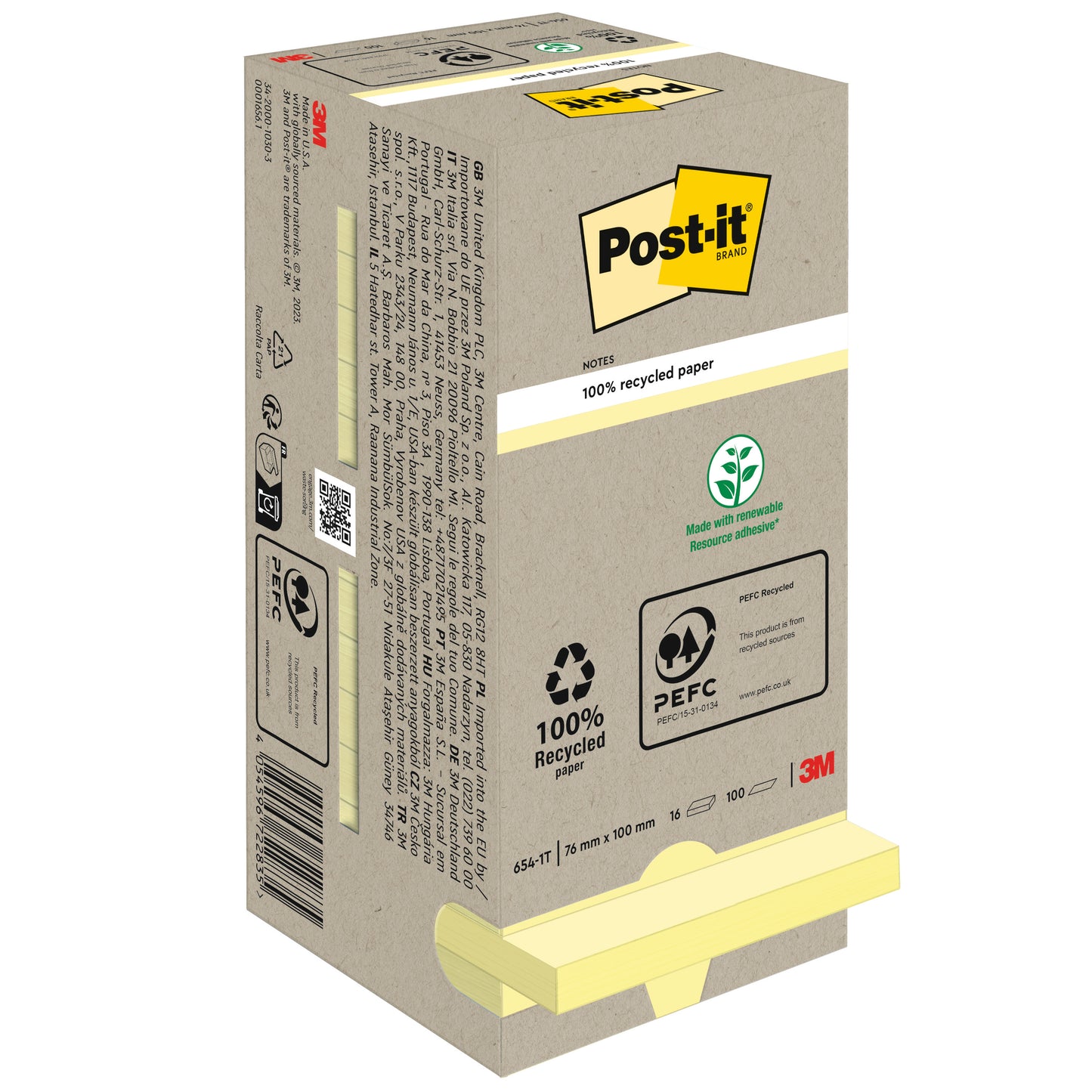 A beige box of Post-it® Recycling Notes (76x76 mm, 100 sheets, 100% PEFC) from 3M Deutschland GmbH shows product information, recycling symbols, PEFC certification, and the 3M logo. The yellow sticky notes are partially visible at the bottom.