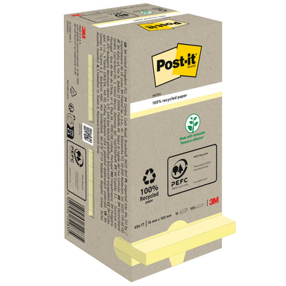 A beige box of Post-it® Recycling Notes (76x76 mm, 100 sheets, 100% PEFC) from 3M Deutschland GmbH shows product information, recycling symbols, PEFC certification, and the 3M logo. The yellow sticky notes are partially visible at the bottom.