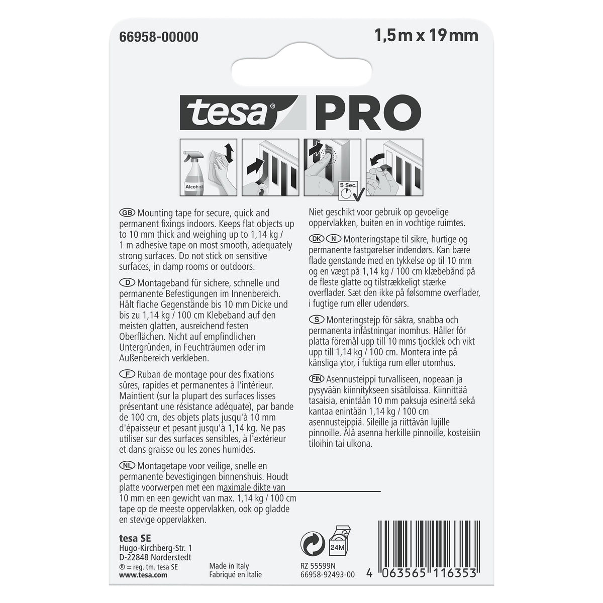 tesa PRO 66958 Mounting Universal Mehrzweck-Montageband, weiß 1,5 m x 19 mm