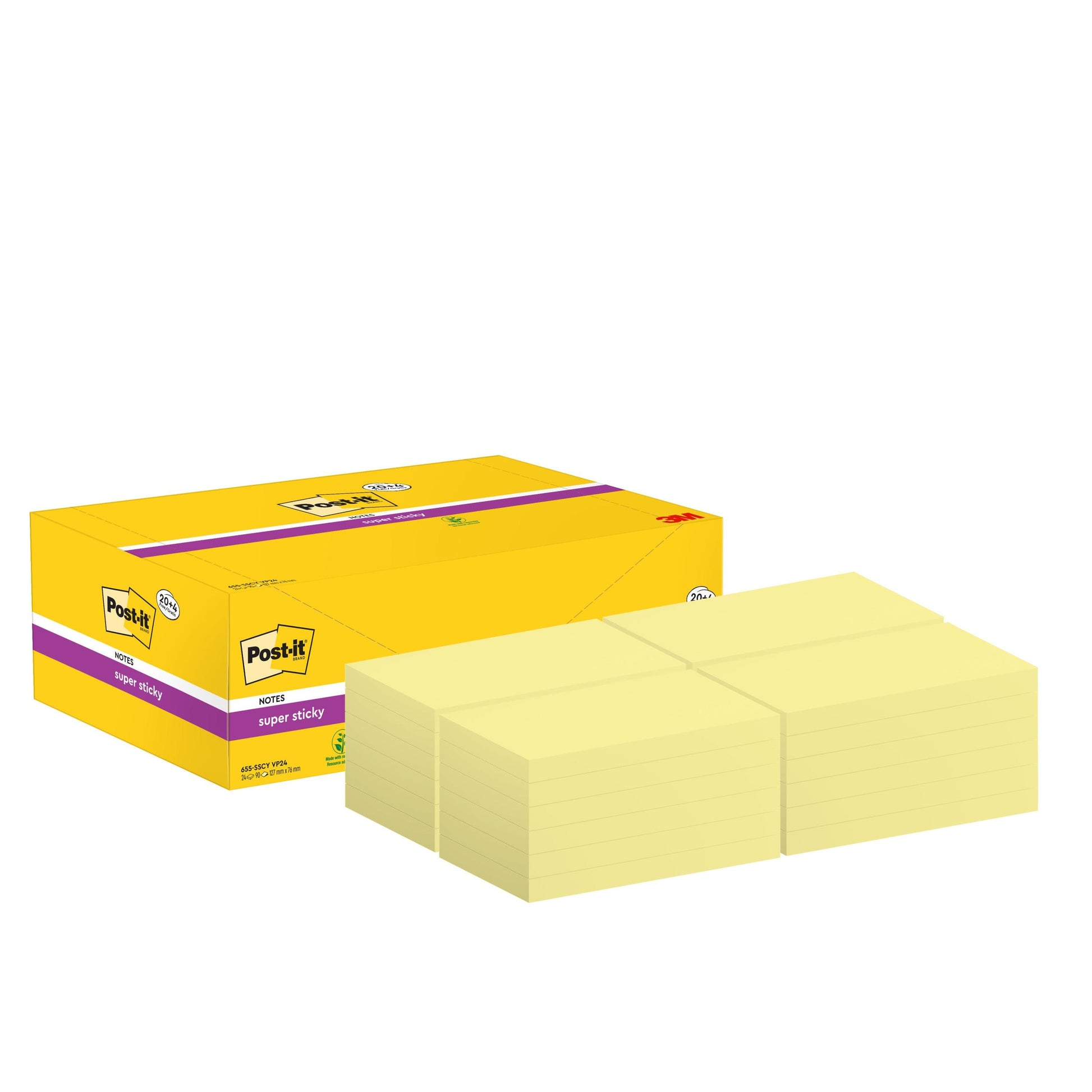 Eine Packung 3M Post-it® Super Sticky Notes, Gelb (76 mm x 127 mm, 90 Blatt/Block, 24 Blöcke, Kartonverpackung, PEFC-zertifiziert) ist neben mehreren gestapelten gelben Notizblöcken vor der Packung zu sehen.