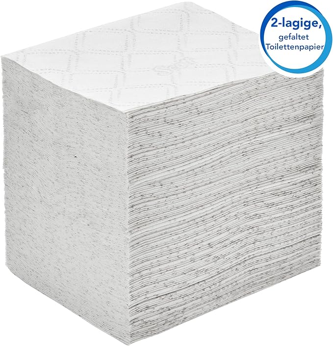 Abgebildet ist ein großer, rechteckiger Stapel von weißem, zweilagigem Scott® Control™ Einzelblattsytem Toilettenpapier der Kimberly-Clark GmbH. Die Packung enthält 36 Packungen à 220 Blatt für dauerhaften Komfort. Auf einem Etikett steht "2lagig, gefaltetes Toilettenpapier.