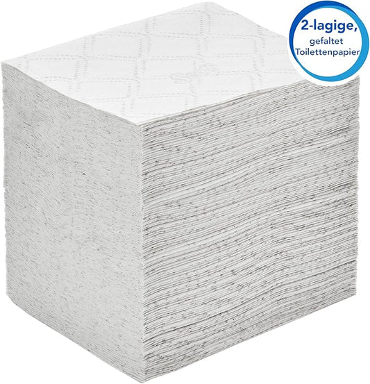 Abgebildet ist ein großer, rechteckiger Stapel von weißem, zweilagigem Scott® Control™ Einzelblattsytem Toilettenpapier der Kimberly-Clark GmbH. Die Packung enthält 36 Packungen à 220 Blatt für dauerhaften Komfort. Auf einem Etikett steht "2lagig, gefaltetes Toilettenpapier.