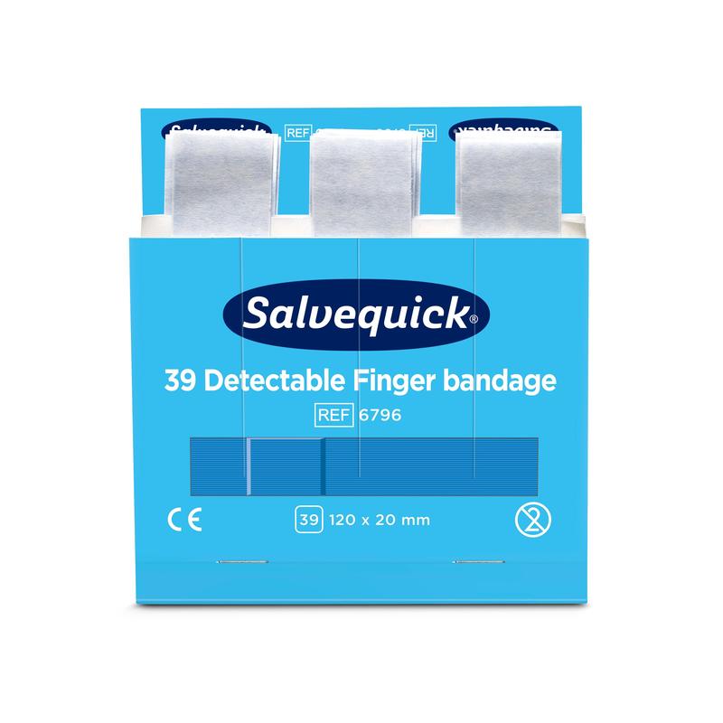 A blue box labeled "Blue detectable finger bandage, 120 x 20 mm, 39 pcs/mine" by Orkla Wound Care AB, with three partially pulled-out bandages. The box contains product information including CE marking and dimensions. Pack (6 pieces).