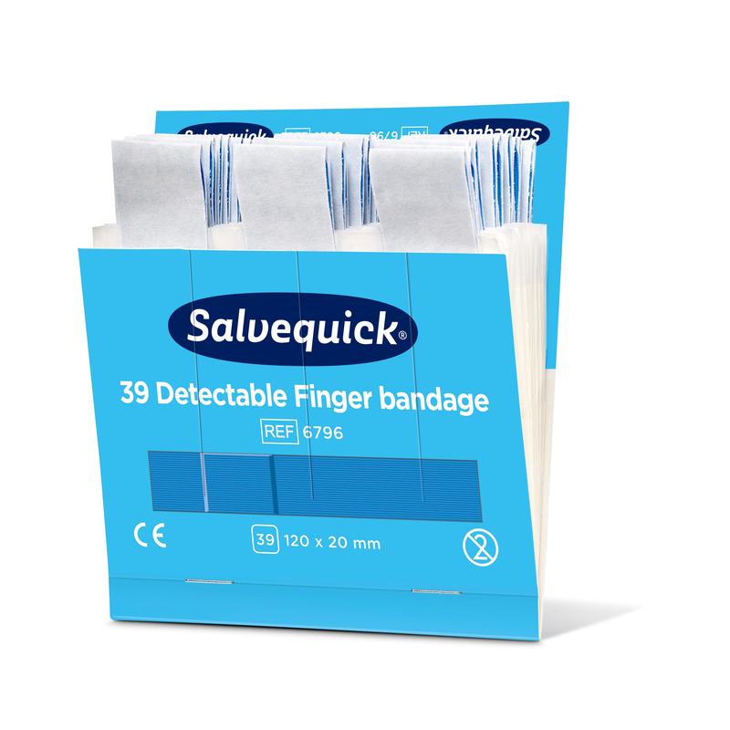 A blue box labeled "Blue detectable finger bandage, 120 x 20 mm, 39 pcs/mine | Pack (6 pieces)" by Orkla Wound Care AB contains individually packaged bandages and shows size, packaging information, and regulatory symbols.