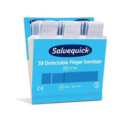 In an open blue box labeled "Orkla Wound Care AB Blue detectable finger bandage, 120 x 20 mm, 39 pcs/min" (pack of 6 pieces) there are individually packaged bandages.