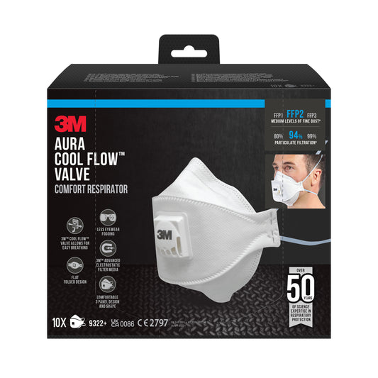 Eine Schachtel der 3M™ Aura™ Comfort Cool Flow™ Partikelmaske 9322+, FFP2, mit Ventil von 3M Deutschland GmbH, mit Abbildungen der Maske und des Trägers. Die Verpackung hebt die wichtigsten Merkmale und die FFP2-Zertifizierung hervor.