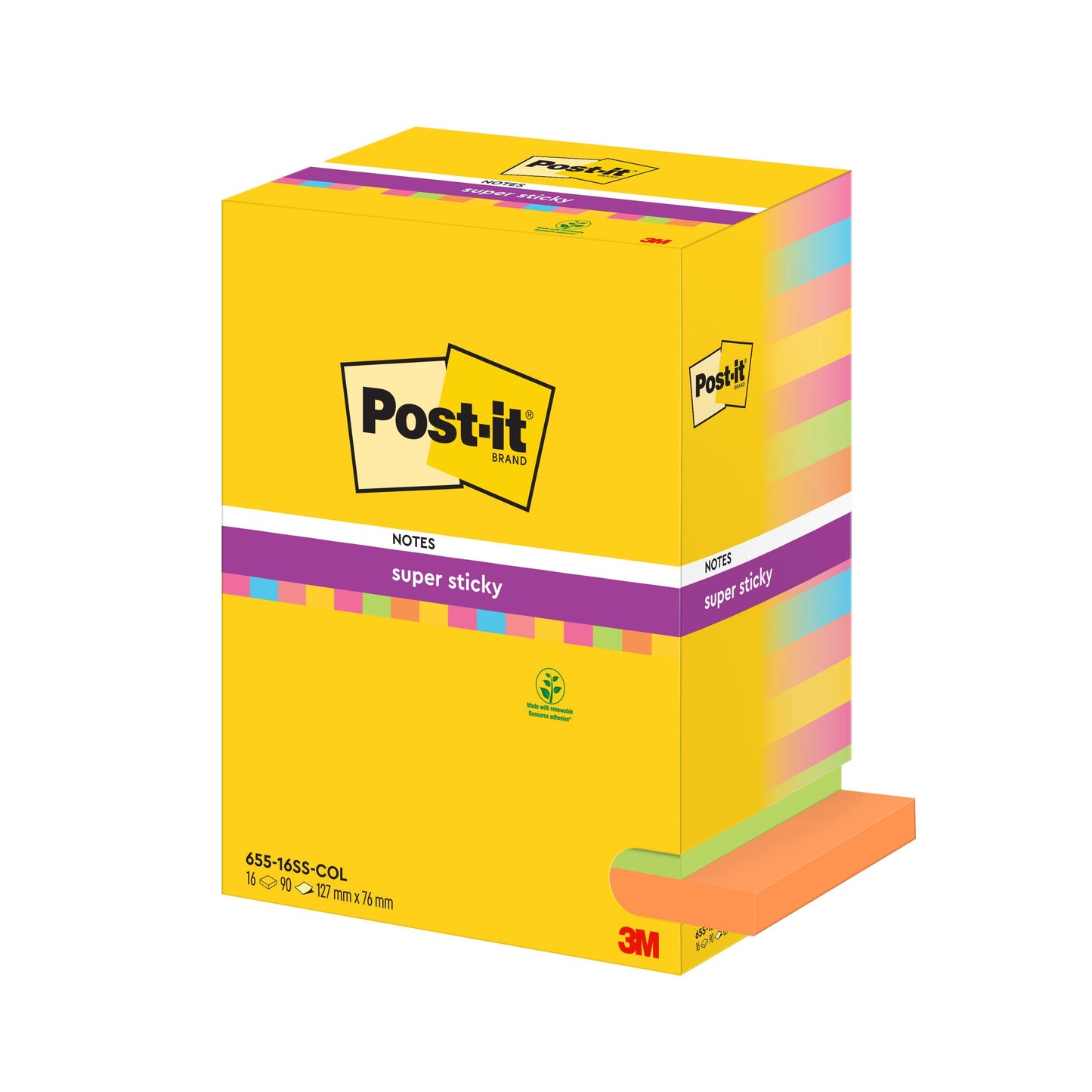 A pack of Post-it® Super Sticky Notes from 3M Deutschland GmbH, various colors, 76x127mm, 90 sheets/block, 16 blocks/pack, 100% PEFC. The packaging shows the Post-it logo and product information.