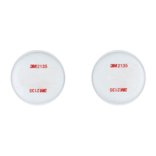 Zwei runde weiße 3M™ Partikelfilter 2135, P3 (1 Paar/Packung) von 3M Deutschland GmbH, mit rotem Text und nebeneinander auf weißem Hintergrund abgebildet.