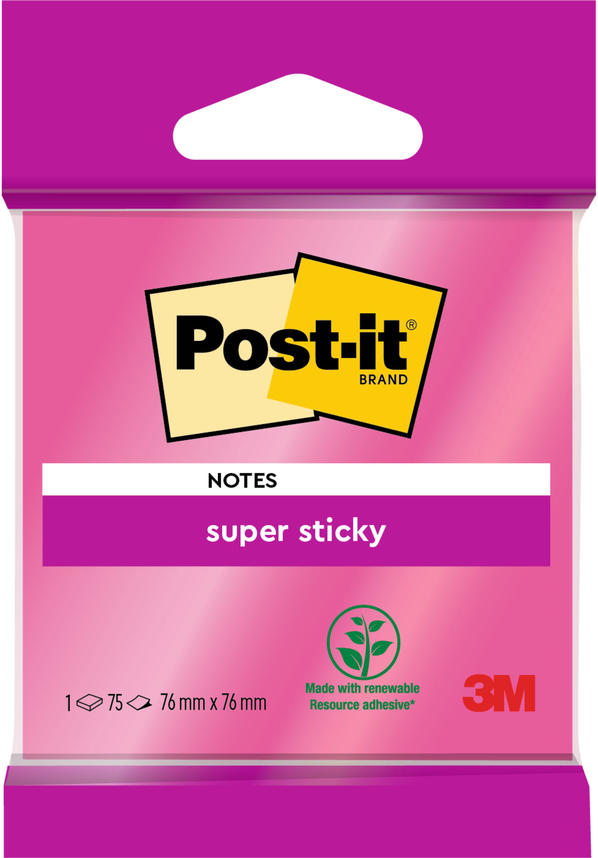 Eine Packung Post-it® Super Sticky Notes 6820S3 (1 Block, 75 Blatt, 76 x 76 mm) in neongrün, neonpink, ultragelb, ultragrün & ultrapink. Mit Umweltzeichen (100% PEFC), Produktdetails und 3M-Logo auf der Vorderseite.
