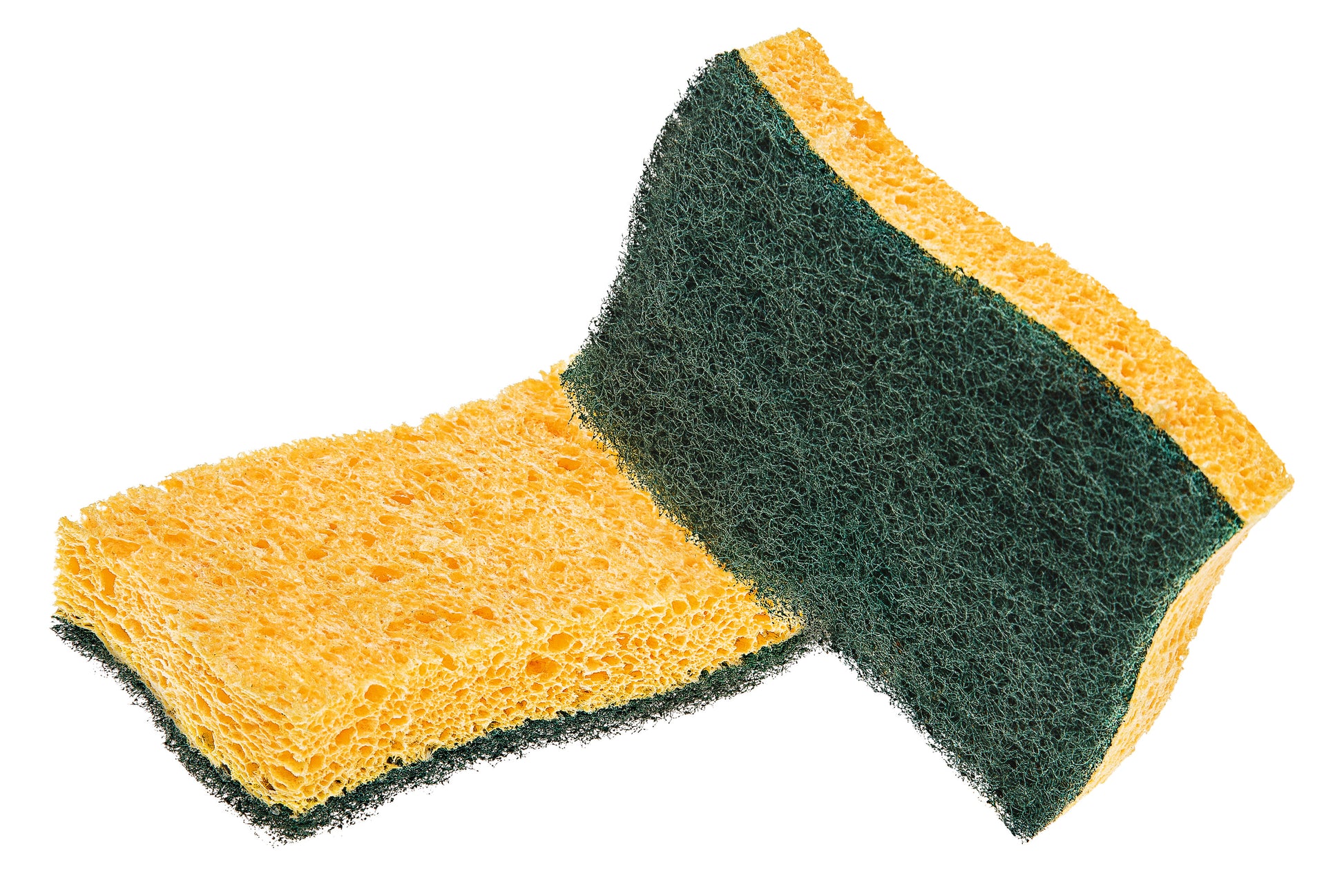 Der Scotch-Brite® Classic Reinigungsschwamm von 3M Deutschland GmbH ist auf weißem Hintergrund abgebildet, leicht gebogen, um sowohl die gelbe weiche Seite als auch das grüne Scheuerschwamm zu zeigen.