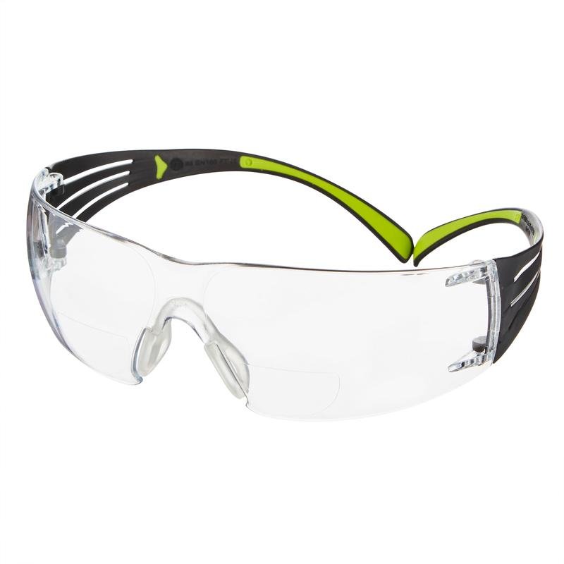 3M™ SecureFit™ reading safety glasses from 3M Deutschland GmbH: clear wraparound design glasses with black and green temples and transparent lenses on a white background.