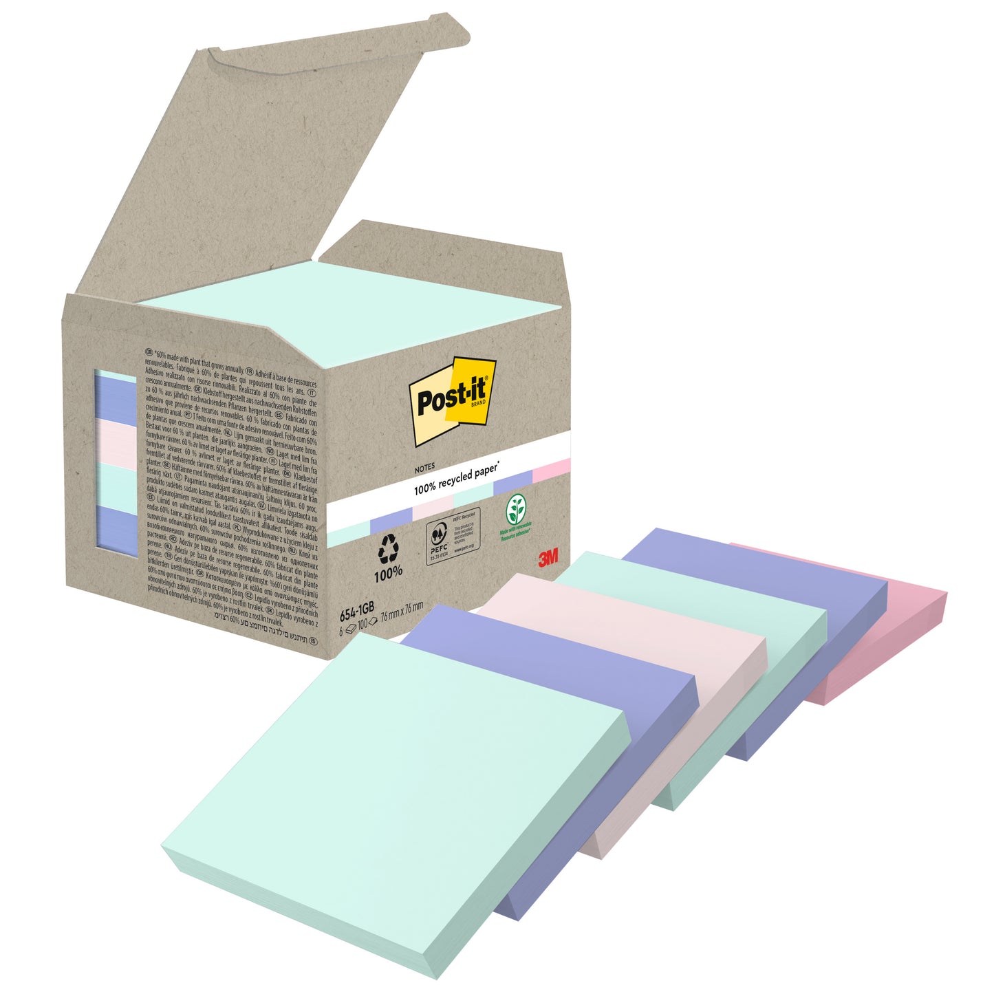 An open box of Post-it® Recycling Notes, 76mm x 76mm, 100 sheets per pad, 100% PEFC from 3M Deutschland GmbH, with six pastel-colored pads - mint green, light blue, pink, purple, blue, and light violet - arranged at the front.