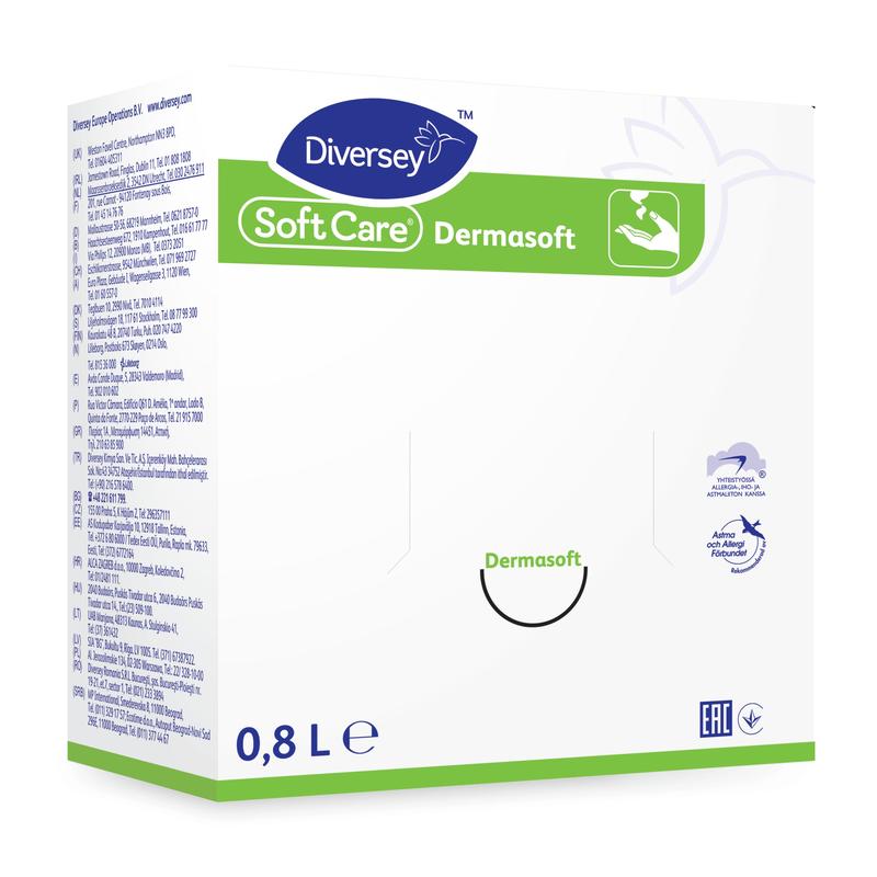 Eine weiße Schachtel mit der Aufschrift "Soft Care Dermasoft, Hautpflegecreme, parabenfrei" von Diversey Deutschland GmbH & Co. OHG (800 ml), mit grünen und blauen Akzenten, zeigt Text, ein Logo und Hände unter Wasser; ideal für trockene Haut.