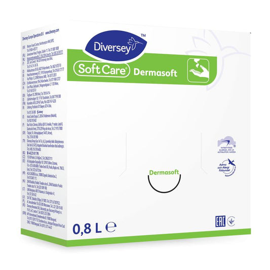 Eine weiße Schachtel mit der Aufschrift "Soft Care Dermasoft, Hautpflegecreme, parabenfrei" von Diversey Deutschland GmbH & Co. OHG (800 ml), mit grünen und blauen Akzenten, zeigt Text, ein Logo und Hände unter Wasser; ideal für trockene Haut.